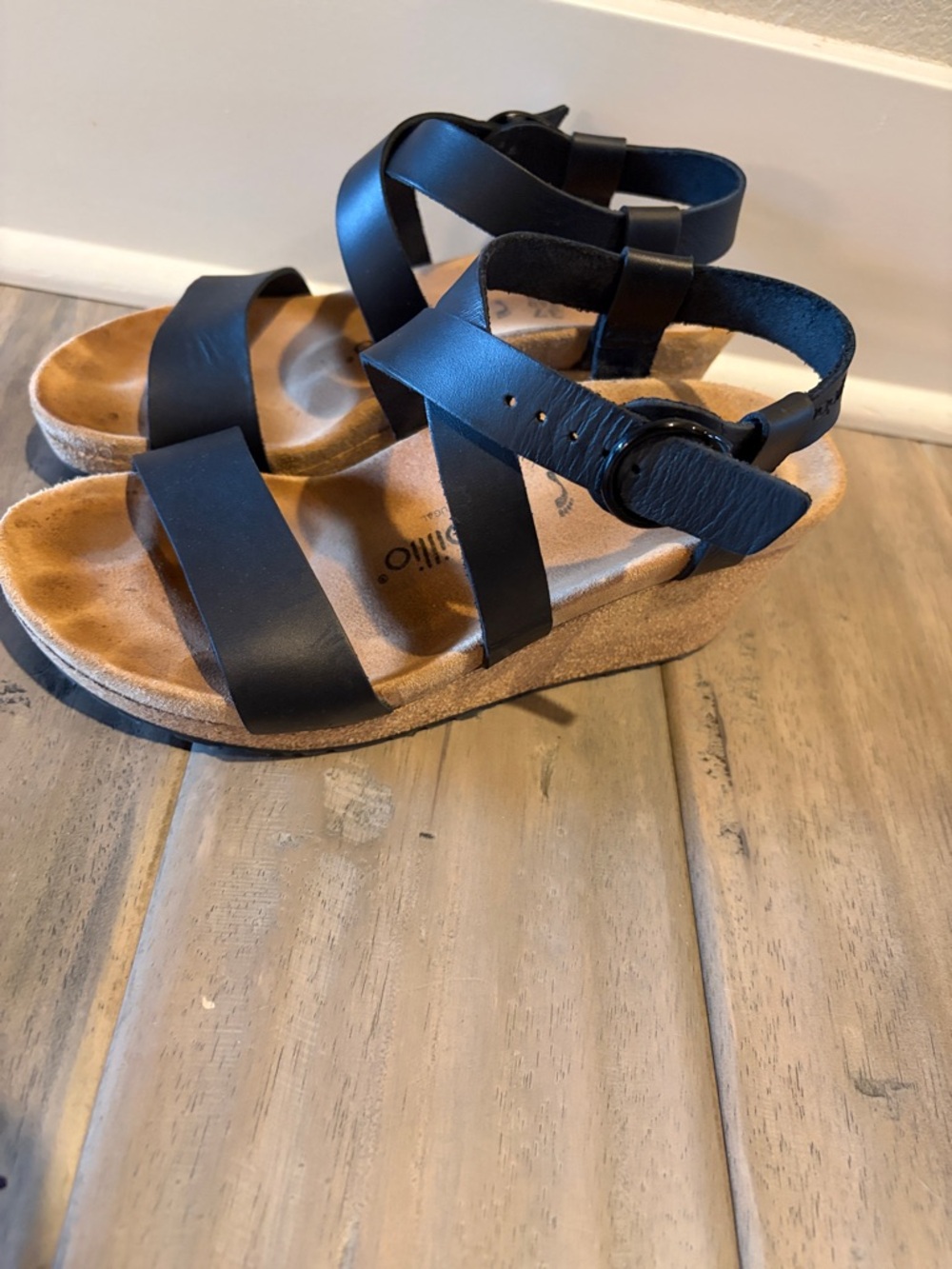 Papillio Black Leather Crisscross Wedge Sandals